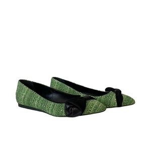 Tibi New York Holiday Preppy Casual Chic Tweed Almond Toe Velvet Bow Flats Green